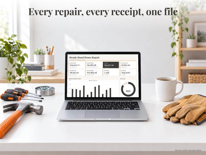 Handyman bookkeeping spreadsheet annual dashboard open on a laptop on a desk