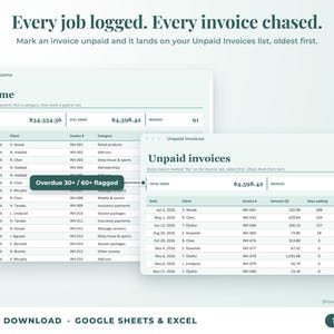 Income sheet and unpaid invoices list with overdue flags