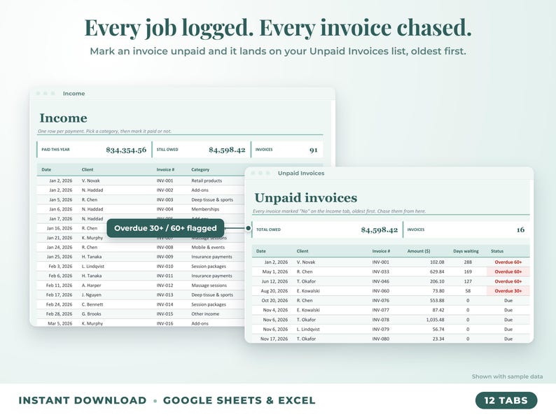 Income sheet and unpaid invoices list with overdue flags