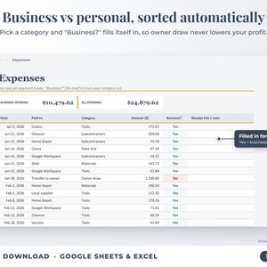 Expenses sheet where business or personal is filled in automatically from the category