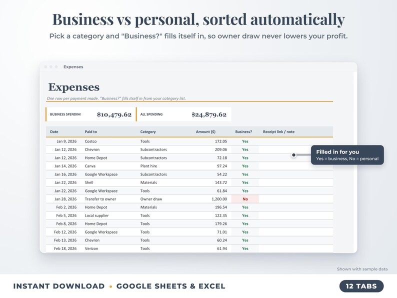 Expenses sheet where business or personal is filled in automatically from the category