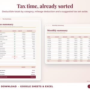 Tax summary with deductible totals, mileage deduction and suggested tax set-aside, plus monthly summary