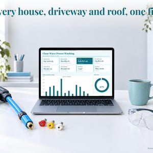 Pressure Washing bookkeeping spreadsheet annual dashboard open on a laptop on a desk