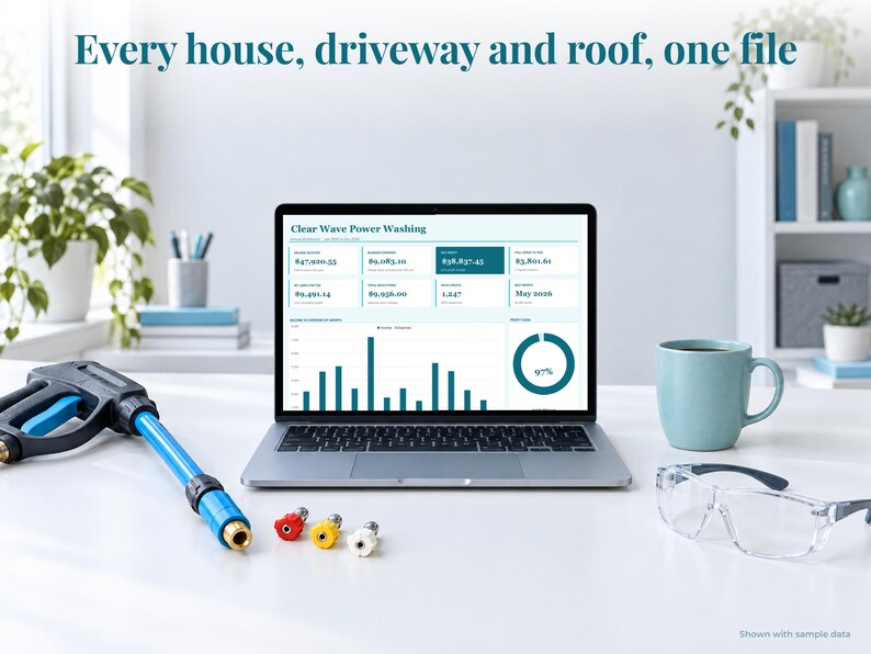 Pressure Washing bookkeeping spreadsheet annual dashboard open on a laptop on a desk