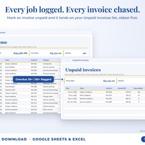 Income sheet and unpaid invoices list with overdue flags