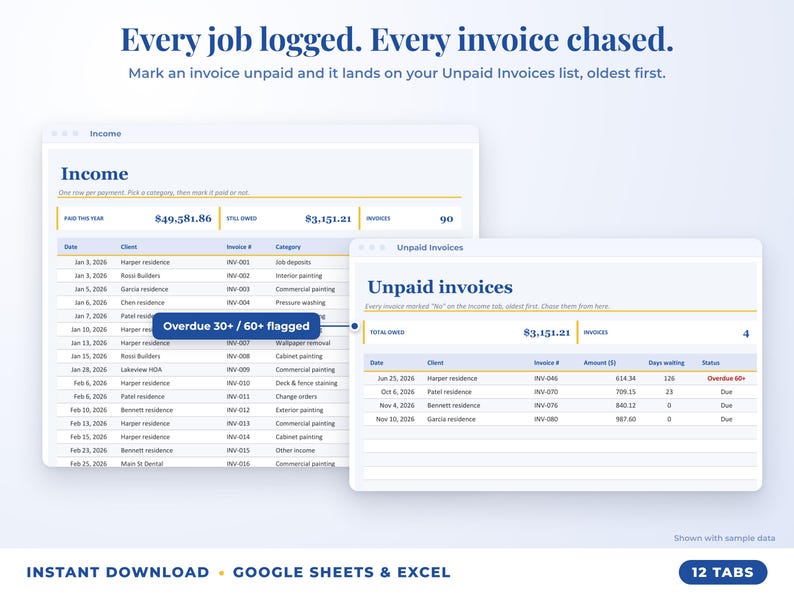 Income sheet and unpaid invoices list with overdue flags