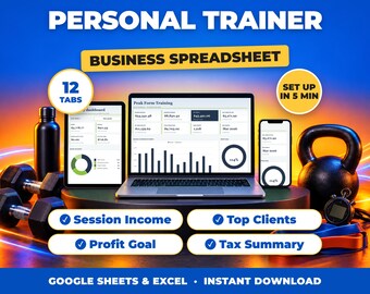 Kalkylblad för personlig tränare, bokföring för fitnesscoacher, inkomst- och utgiftsspårare, skattesammanfattning (Google Sheets + Excel)