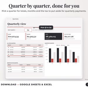 Quarterly view with quarter selector, quarterly totals, chart and tax set-aside