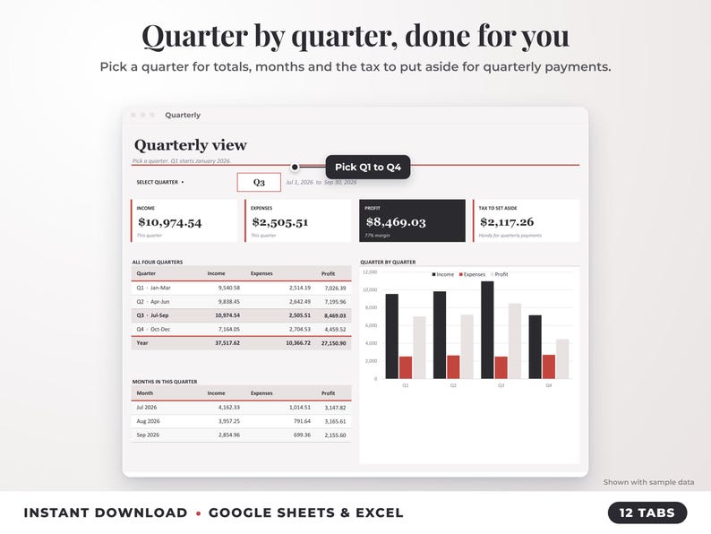 Quarterly view with quarter selector, quarterly totals, chart and tax set-aside