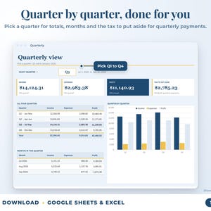 Quarterly view with quarter selector, quarterly totals, chart and tax set-aside