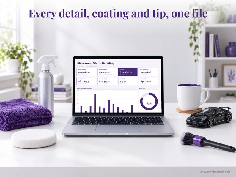 Auto Detailing bookkeeping spreadsheet annual dashboard open on a laptop on a desk