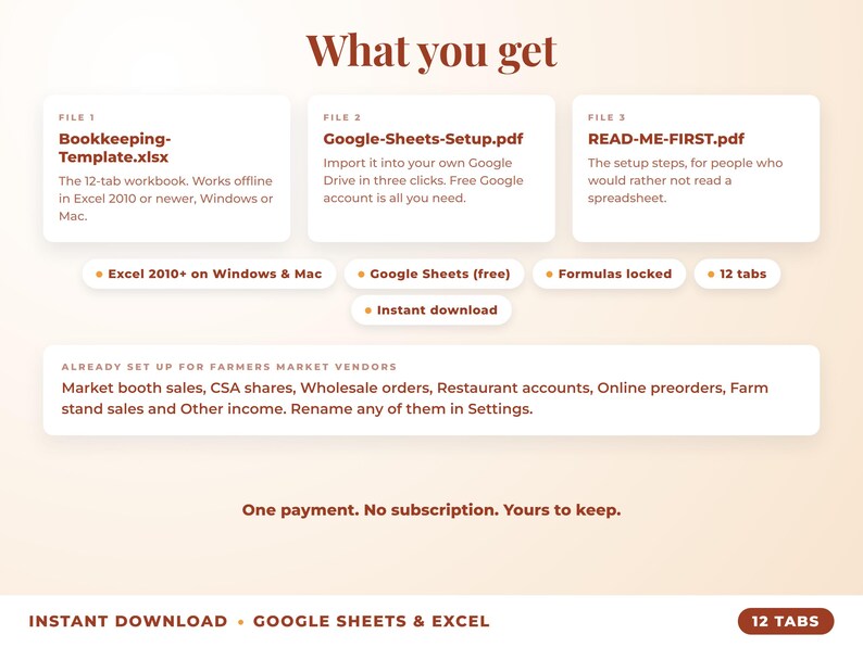 What is included: 12-tab Excel workbook, Google Sheets setup guide and read-me-first guide