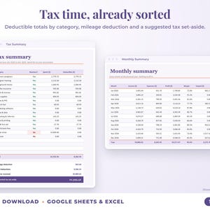 Tax summary with deductible totals, mileage deduction and suggested tax set-aside, plus monthly summary