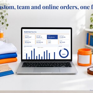 T-Shirt bookkeeping spreadsheet annual dashboard open on a laptop on a desk