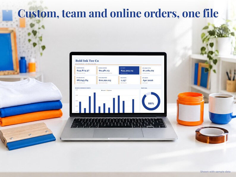 T-Shirt bookkeeping spreadsheet annual dashboard open on a laptop on a desk