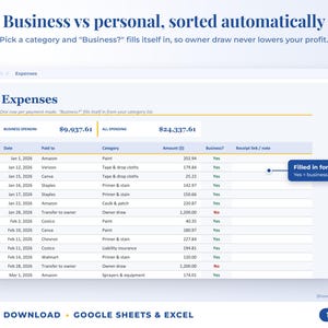 Expenses sheet where business or personal is filled in automatically from the category