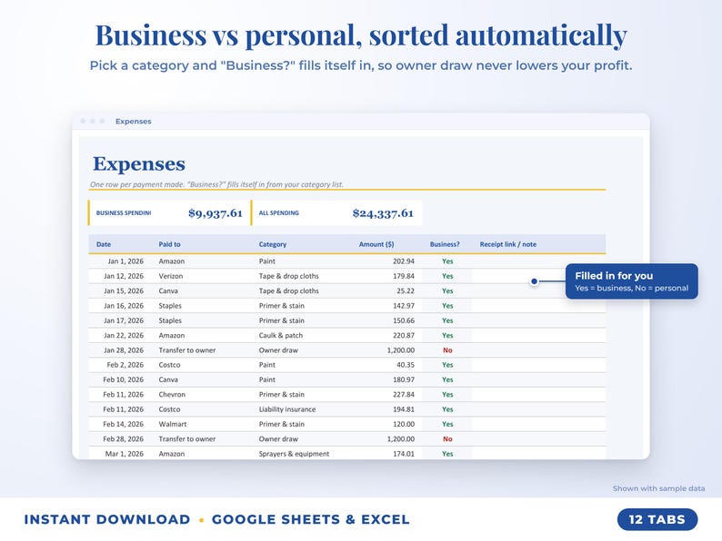 Expenses sheet where business or personal is filled in automatically from the category
