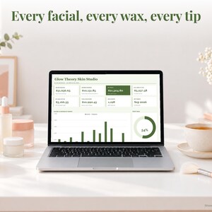Esthetician bookkeeping spreadsheet annual dashboard open on a laptop on a desk