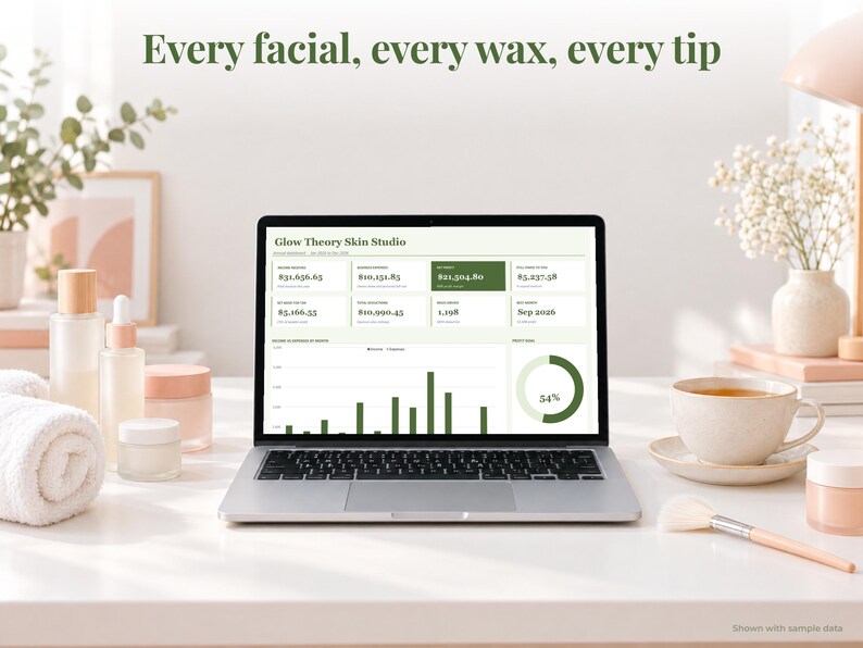 Esthetician bookkeeping spreadsheet annual dashboard open on a laptop on a desk