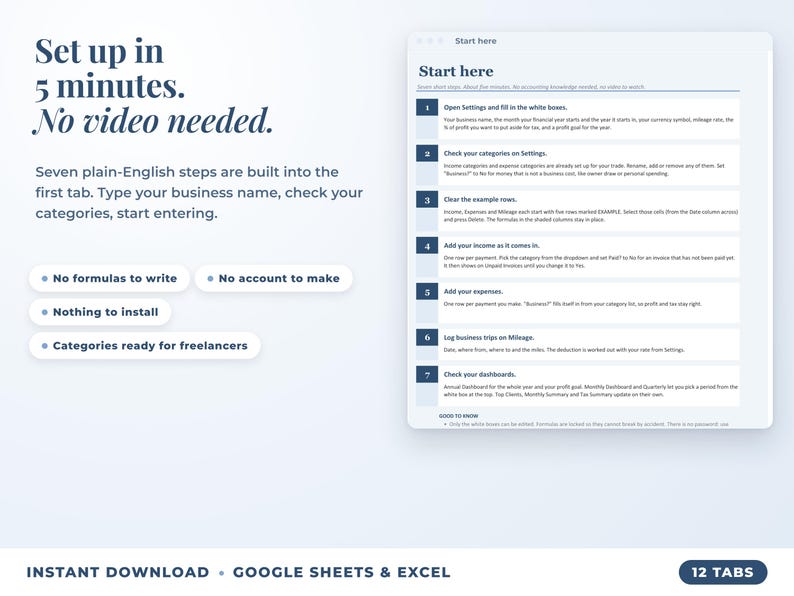 Start here tab with seven setup steps, no video needed