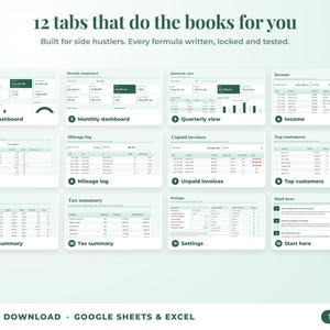 All 12 tabs of the bookkeeping spreadsheet: dashboards, income, expenses, mileage, unpaid invoices, top clients, tax summary