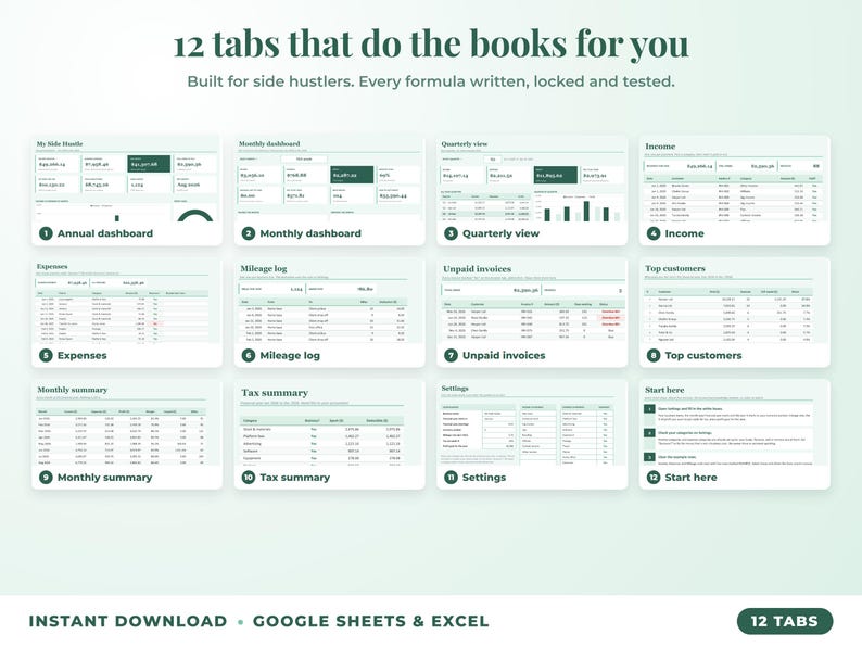 All 12 tabs of the bookkeeping spreadsheet: dashboards, income, expenses, mileage, unpaid invoices, top clients, tax summary