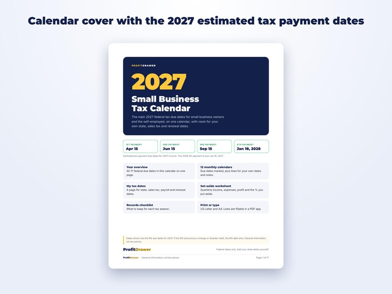 Small Business Tax Calendar 2027 + Quarterly Tax Tracker page preview