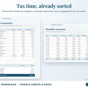 Tax summary with deductible totals, mileage deduction and suggested tax set-aside, plus monthly summary