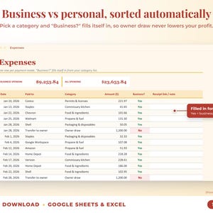 Expenses sheet where business or personal is filled in automatically from the category