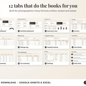 All 12 tabs of the bookkeeping spreadsheet: dashboards, income, expenses, mileage, unpaid invoices, top clients, tax summary