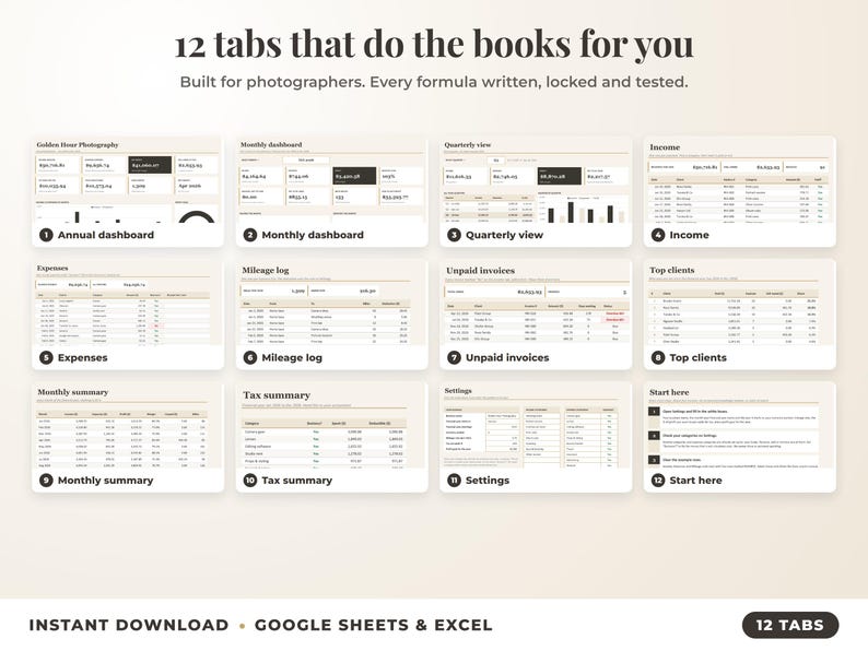 All 12 tabs of the bookkeeping spreadsheet: dashboards, income, expenses, mileage, unpaid invoices, top clients, tax summary