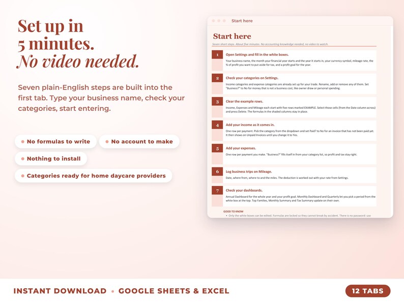Start here tab with seven setup steps, no video needed