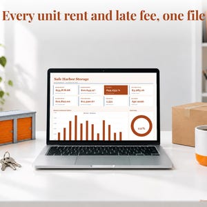 Storage Unit bookkeeping spreadsheet annual dashboard open on a laptop on a desk