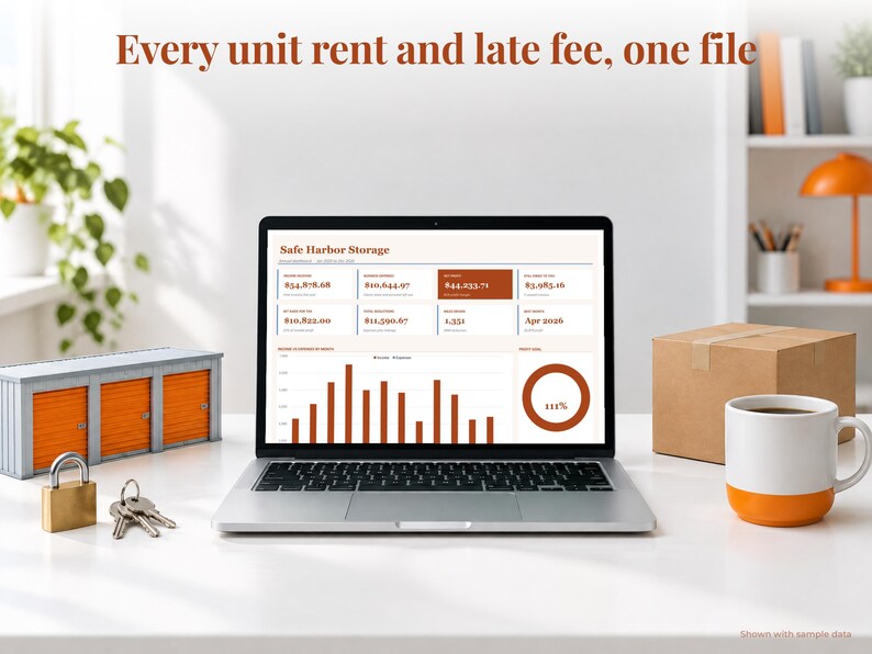 Storage Unit bookkeeping spreadsheet annual dashboard open on a laptop on a desk