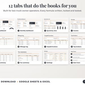 All 12 tabs of the bookkeeping spreadsheet: dashboards, income, expenses, mileage, unpaid invoices, top clients, tax summary