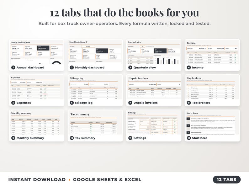 All 12 tabs of the bookkeeping spreadsheet: dashboards, income, expenses, mileage, unpaid invoices, top clients, tax summary
