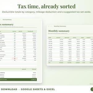 Tax summary with deductible totals, mileage deduction and suggested tax set-aside, plus monthly summary