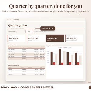 Quarterly view with quarter selector, quarterly totals, chart and tax set-aside