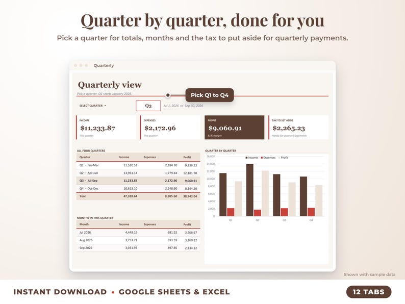 Quarterly view with quarter selector, quarterly totals, chart and tax set-aside