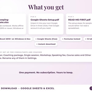 What is included: 12-tab Excel workbook, Google Sheets setup guide and read-me-first guide