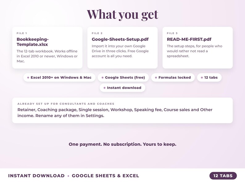 What is included: 12-tab Excel workbook, Google Sheets setup guide and read-me-first guide