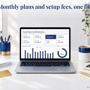 Credit Repair bookkeeping spreadsheet annual dashboard open on a laptop on a desk