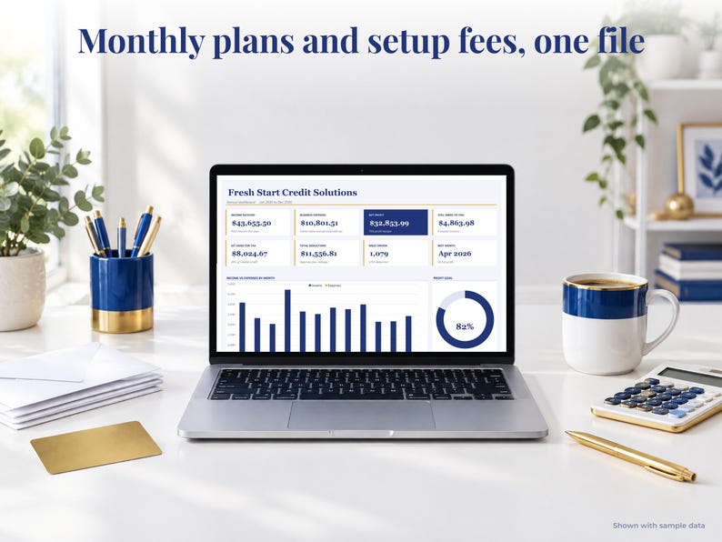 Credit Repair bookkeeping spreadsheet annual dashboard open on a laptop on a desk