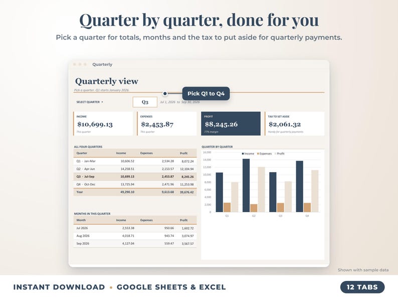 Quarterly view with quarter selector, quarterly totals, chart and tax set-aside