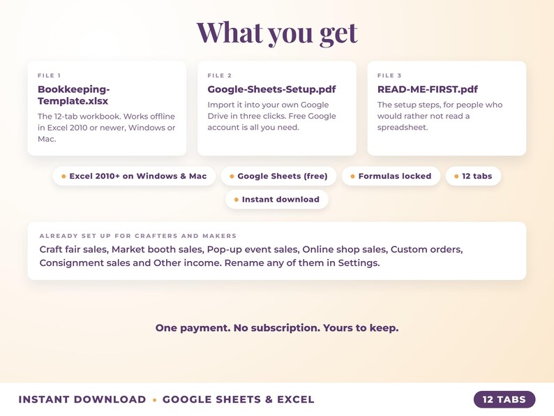 What is included: 12-tab Excel workbook, Google Sheets setup guide and read-me-first guide