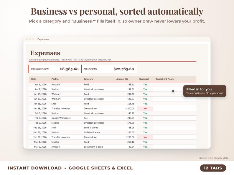 Expenses sheet where business or personal is filled in automatically from the category