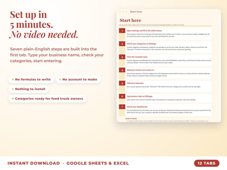 Start here tab with seven setup steps, no video needed