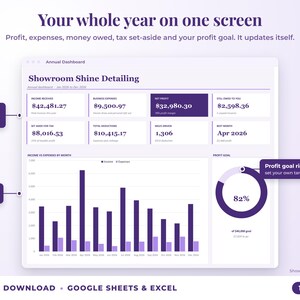 Annual dashboard with income, expenses, net profit, money owed, profit goal ring and category charts