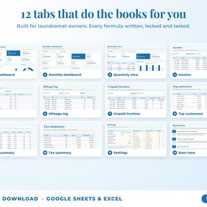 All 12 tabs of the bookkeeping spreadsheet: dashboards, income, expenses, mileage, unpaid invoices, top clients, tax summary