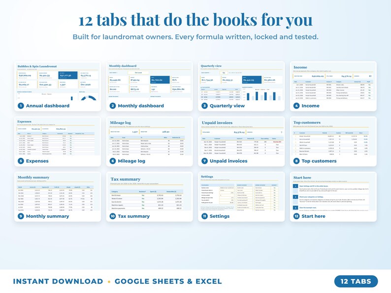 All 12 tabs of the bookkeeping spreadsheet: dashboards, income, expenses, mileage, unpaid invoices, top clients, tax summary